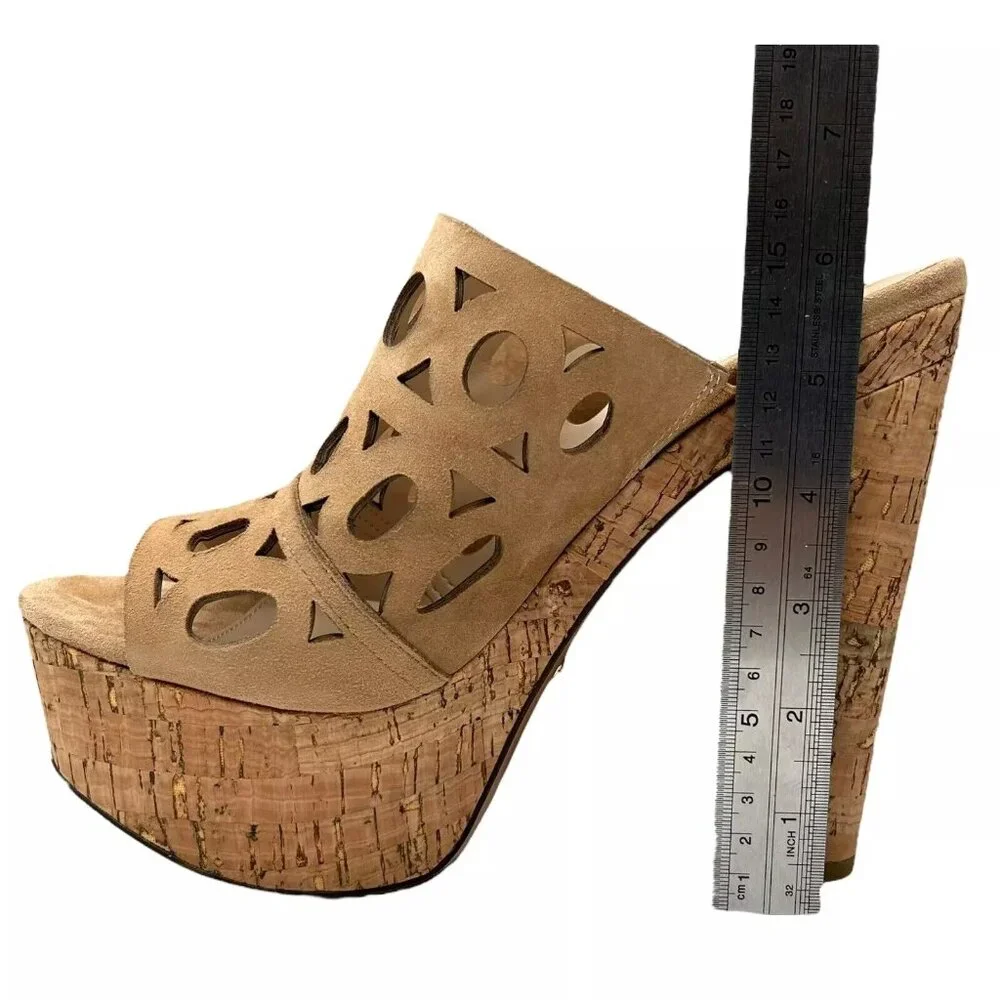 Pelle Moda Peep Toe Women’s Sandal Size 8.5 Latte Suede Cork Platform Block Heel